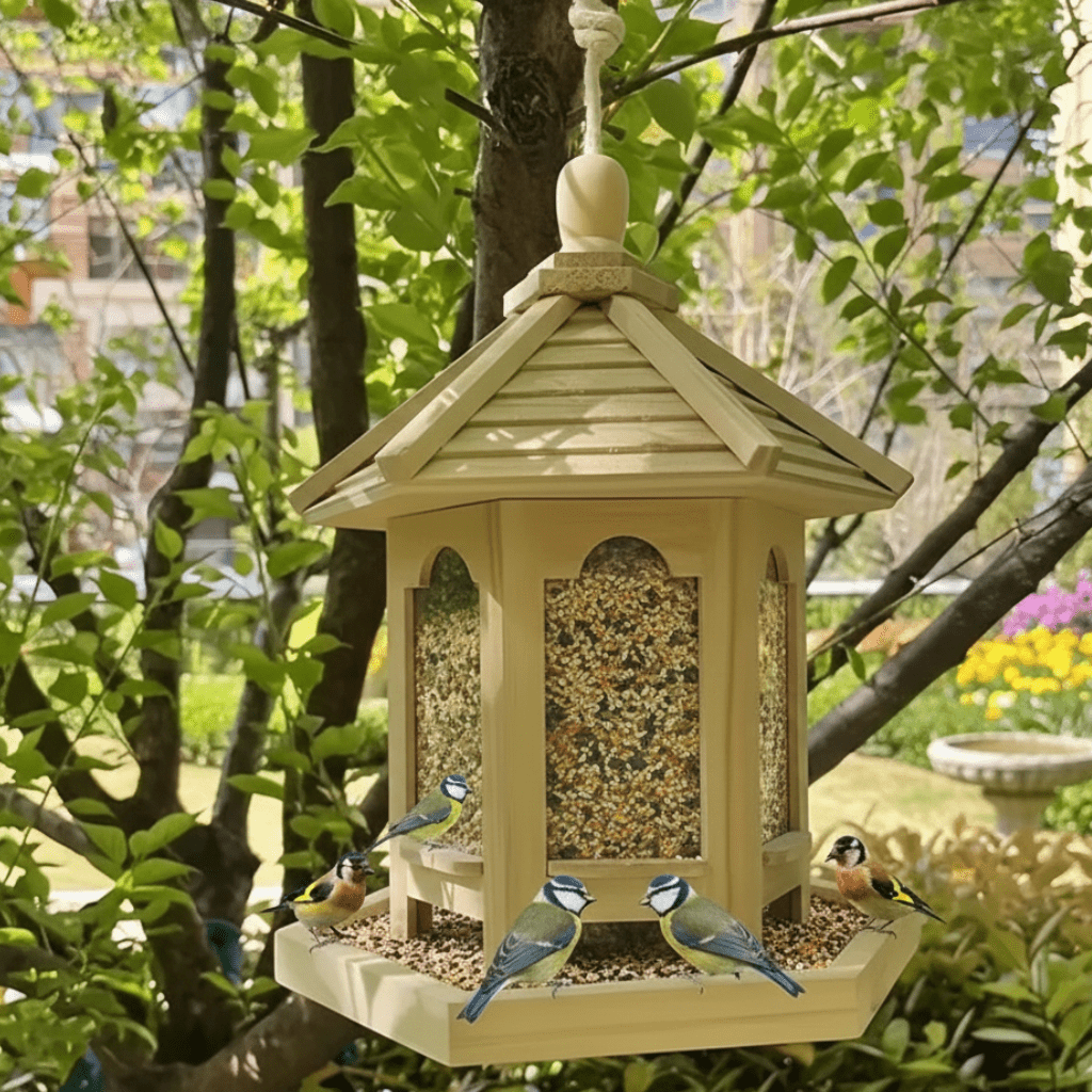 Garden and outdoor living – wooden hanging bird feeder