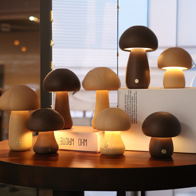 Table and floor lamps – wooden mushroom bedside light