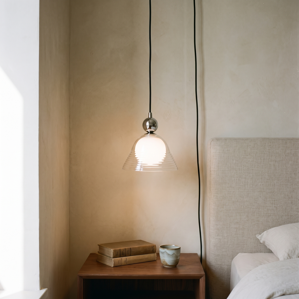 Ribbed glass pendant light with opal inner globe by BROKLEN – view 6