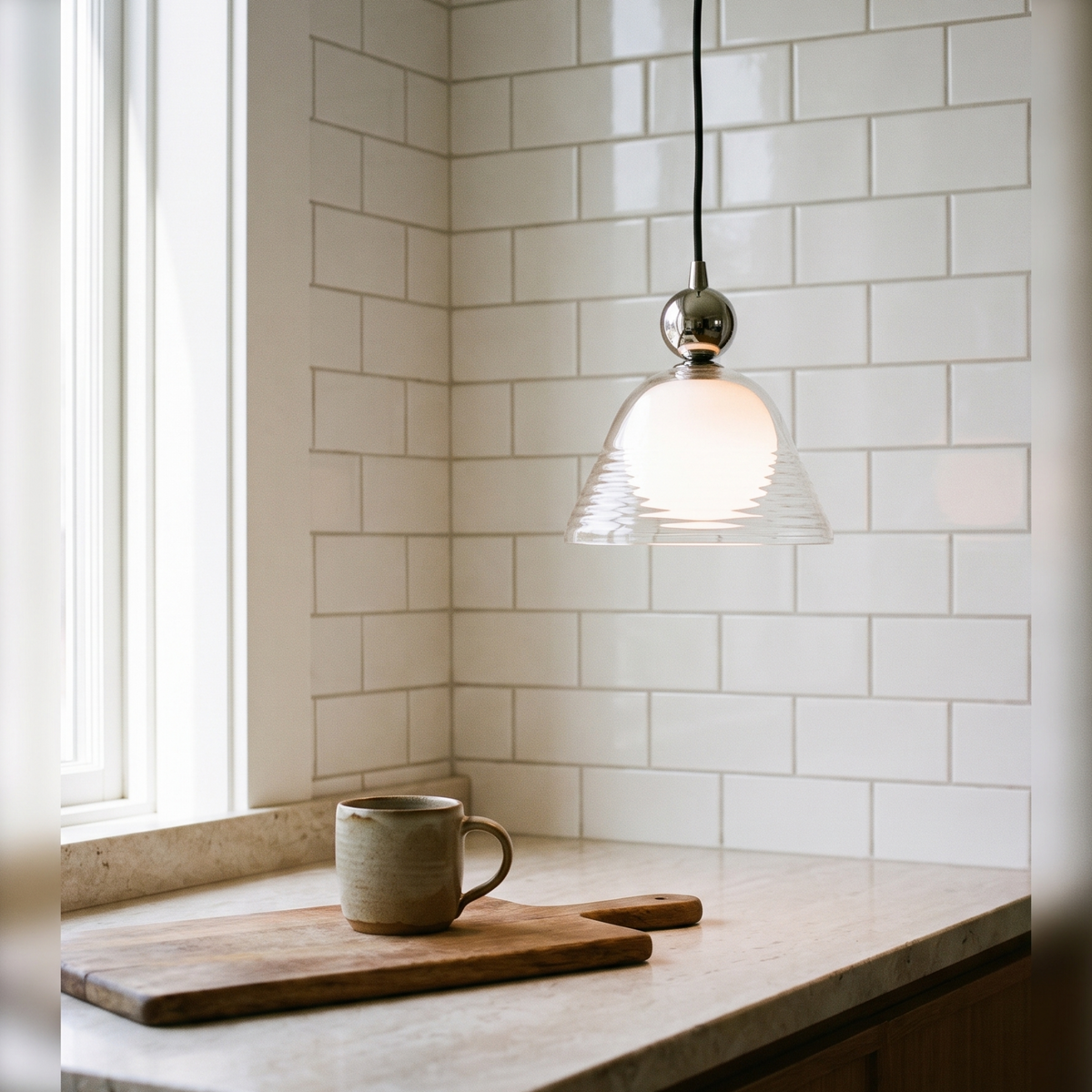Ribbed glass pendant light with opal inner globe by BROKLEN – view 8