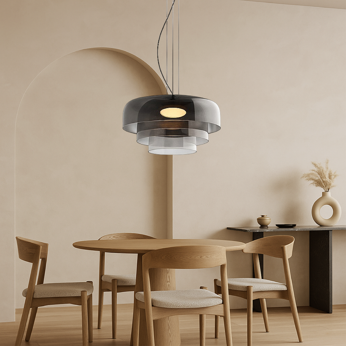 Layered stacked glass pendant light in green, amber and smoke by BROKLEN – view 7