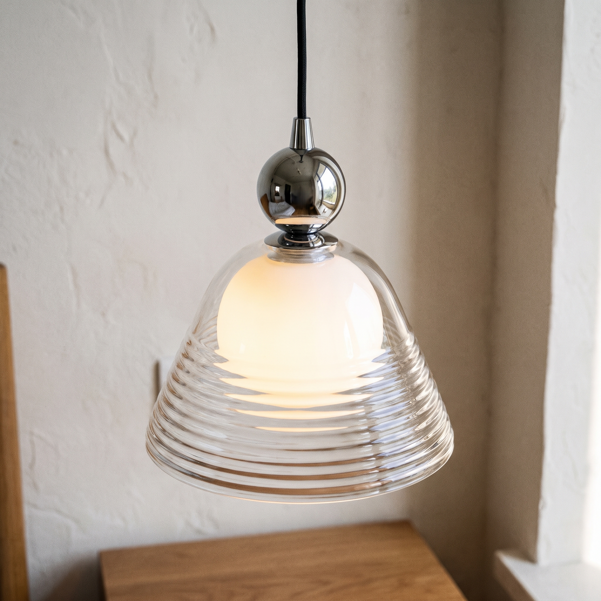 Ribbed glass pendant light with opal inner globe by BROKLEN – view 5