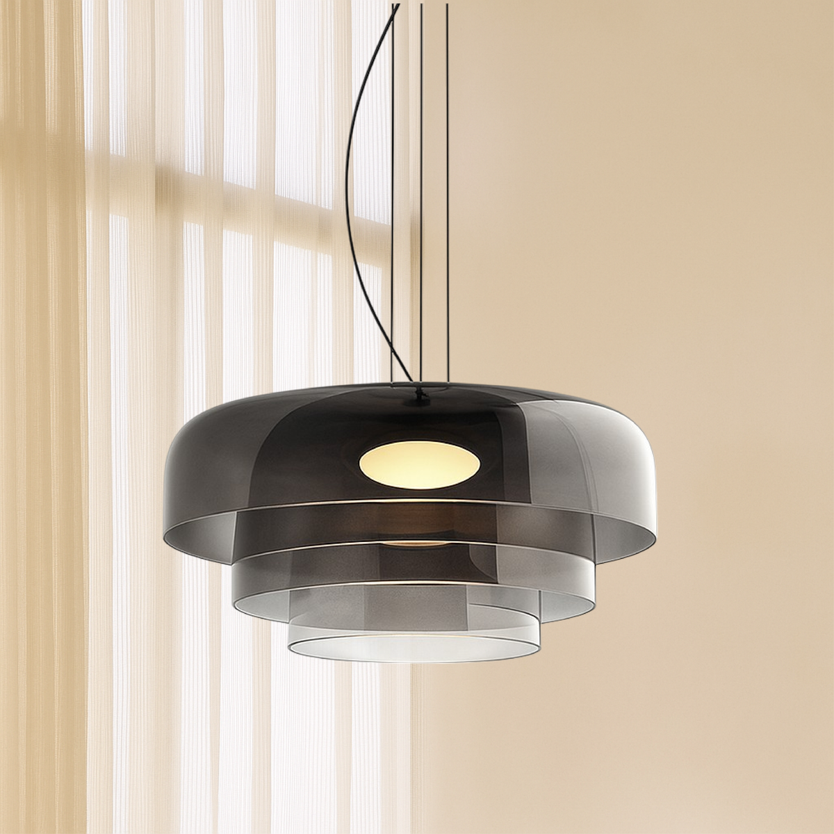 Layered stacked glass pendant light in green, amber and smoke by BROKLEN – view 12