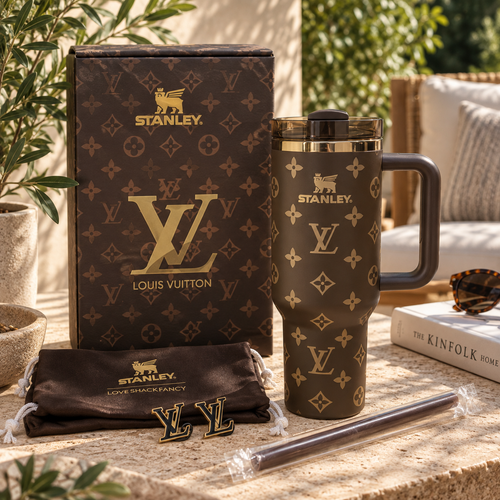 Mocha Gold Statement Tumbler - mocha brown and gold tumbler with straw, front view