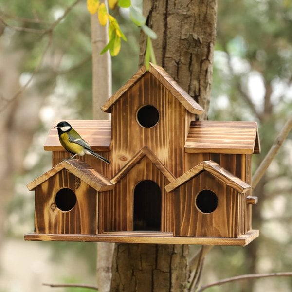 Rustic hanging wooden birdhouse with multiple entrances by BROKLEN – view 3