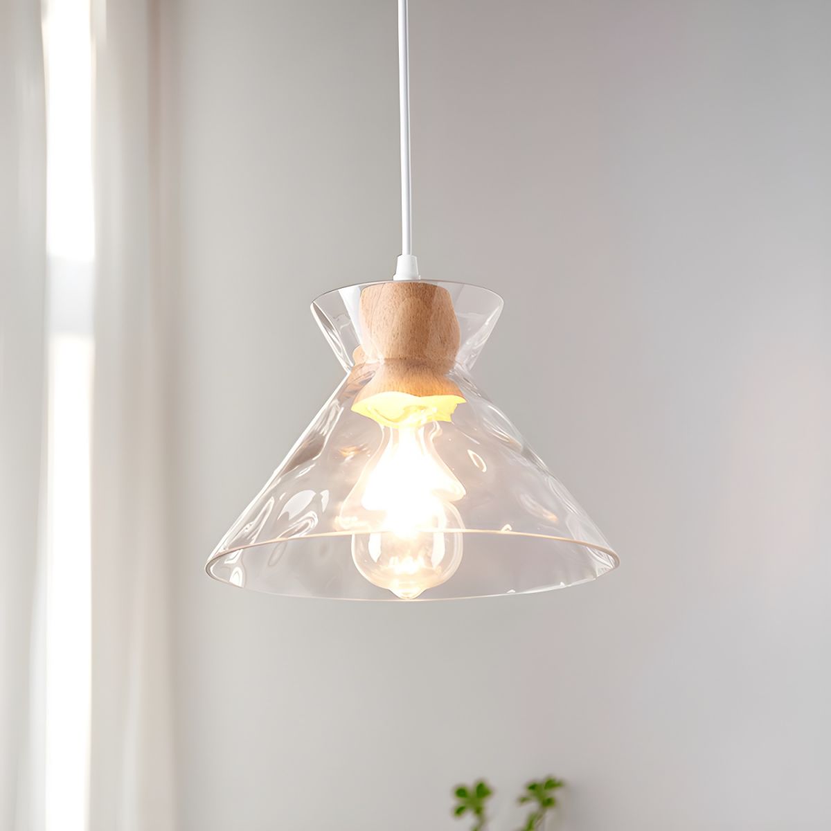 Clear glass pendant light with natural wood accent by BROKLEN – view 6
