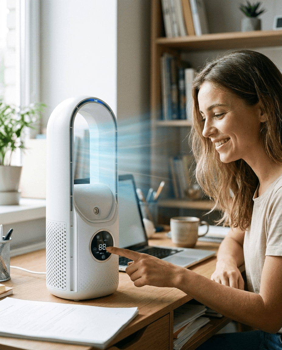 Compact bladeless tower fan for bedroom by BROKLEN