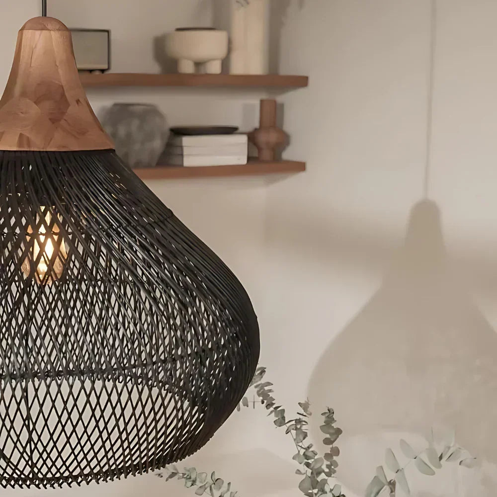 Boho woven rattan pendant light in natural and black – ceiling light by BROKLEN – view 3