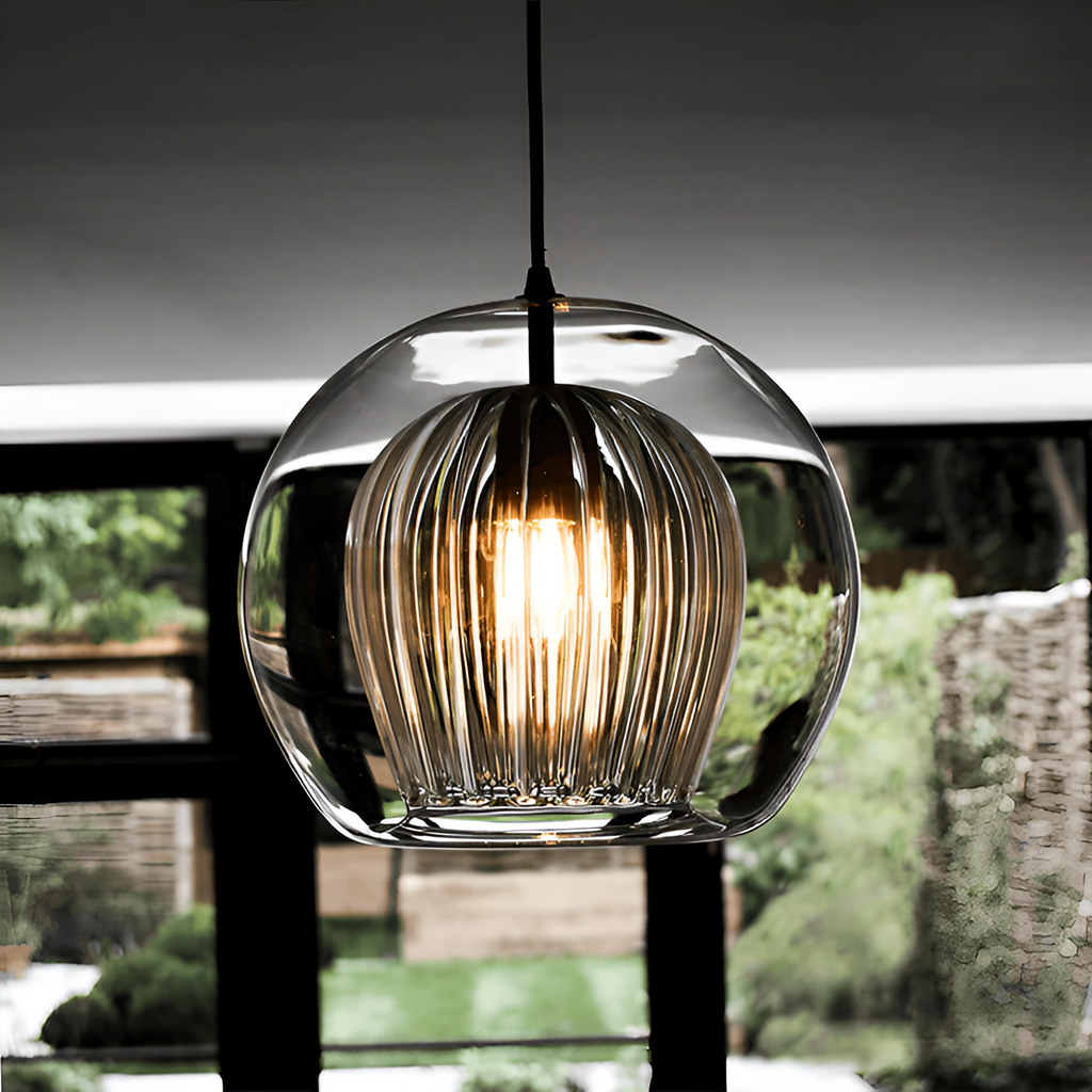 Ribbed glass globe pendant light in smoke grey, clear and cognac by BROKLEN – view 3