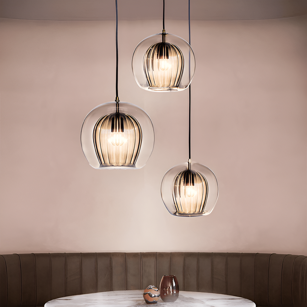 Ribbed glass globe pendant light in smoke grey, clear and cognac by BROKLEN – view 4