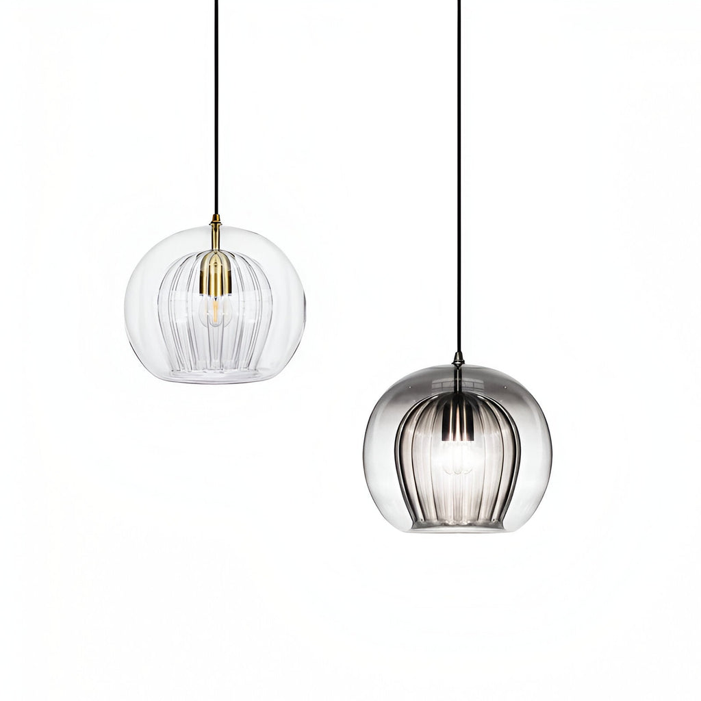 Ribbed glass globe pendant light in smoke grey, clear and cognac by BROKLEN