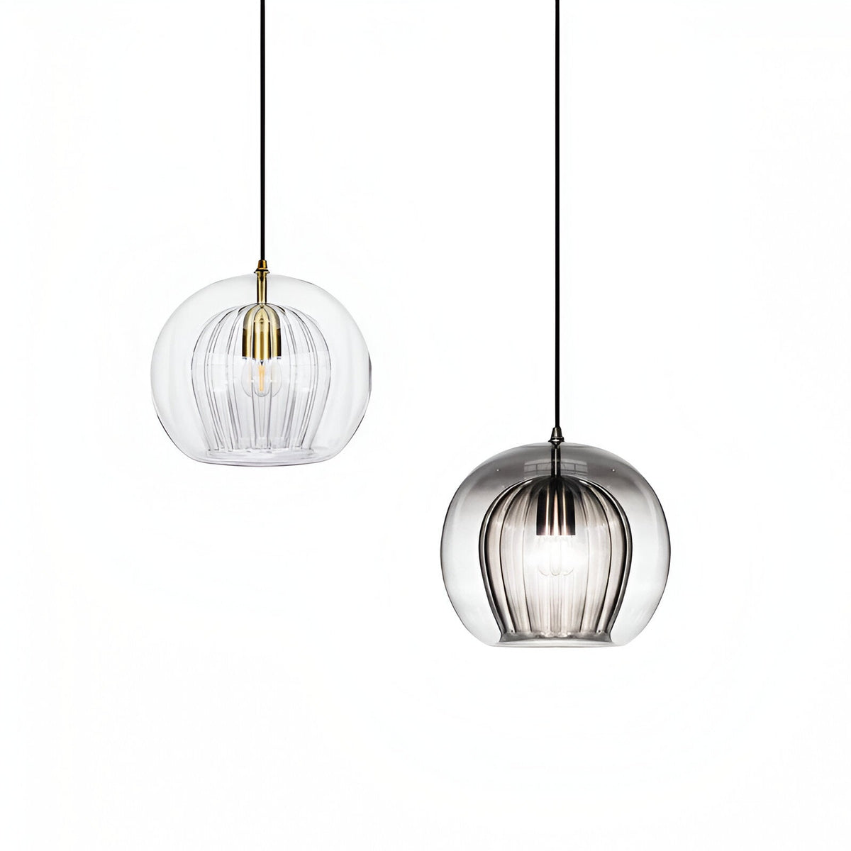 Ribbed glass globe pendant light in smoke grey, clear and cognac by BROKLEN