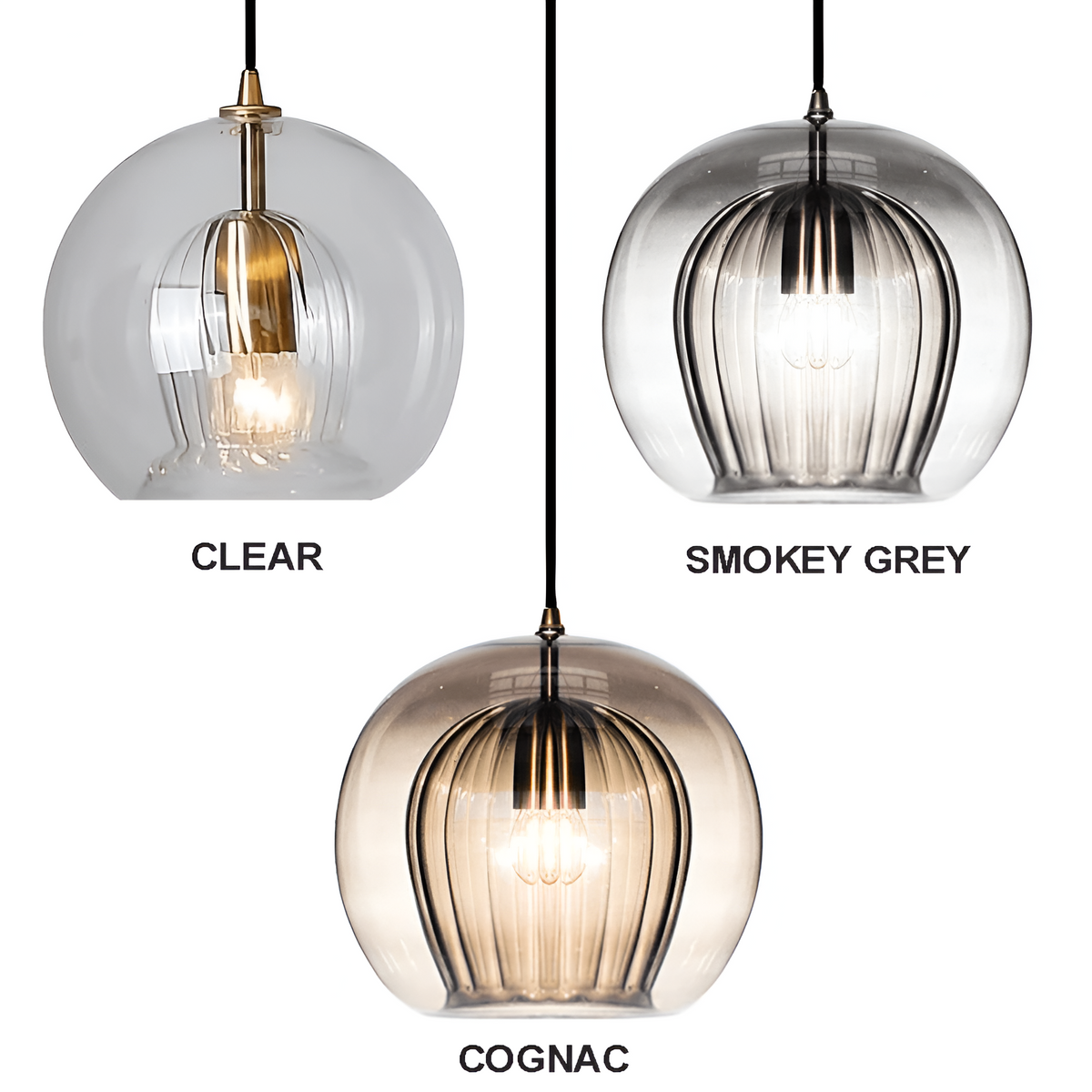 Ribbed glass globe pendant light in smoke grey, clear and cognac by BROKLEN – view 10