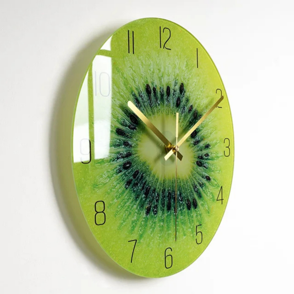 Vibrant glass wall clock with golden hands and number markers by BROKLEN – view 5