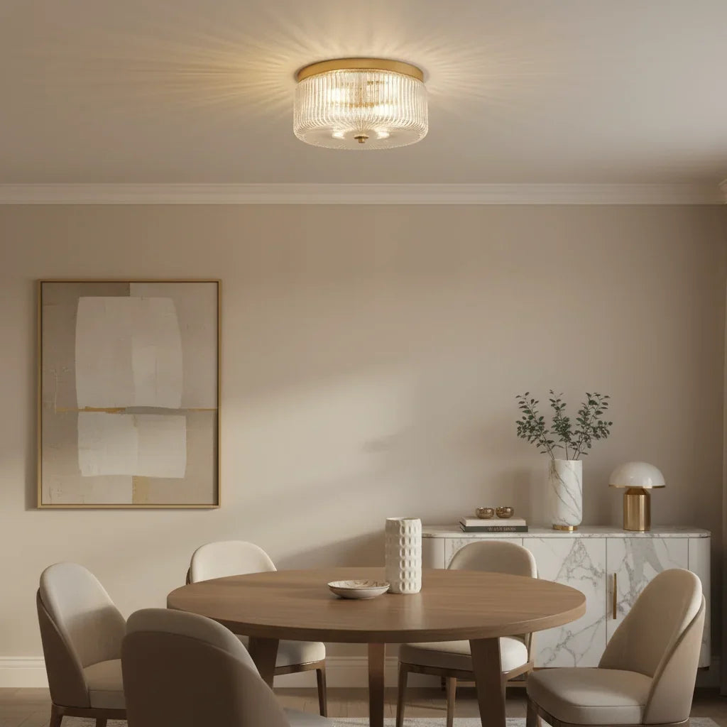 Round ribbed glass flush mount ceiling light with gold finish by BROKLEN – view 4