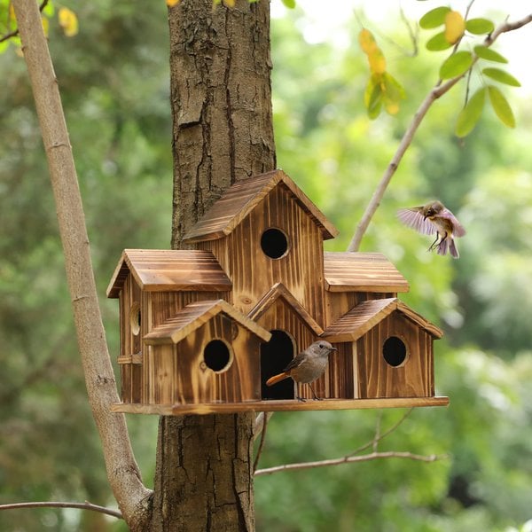 Rustic hanging wooden birdhouse with multiple entrances by BROKLEN – view 5
