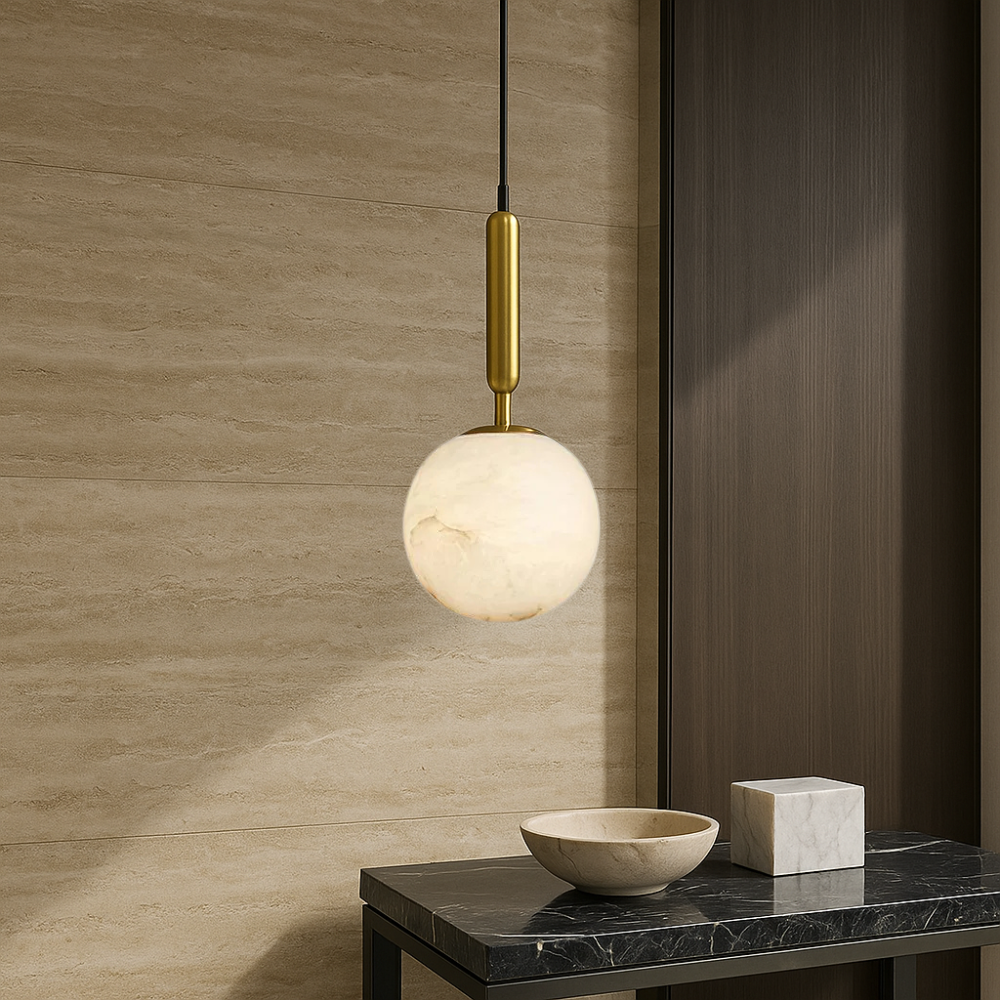 Alabaster globe pendant light with brass fitting by BROKLEN