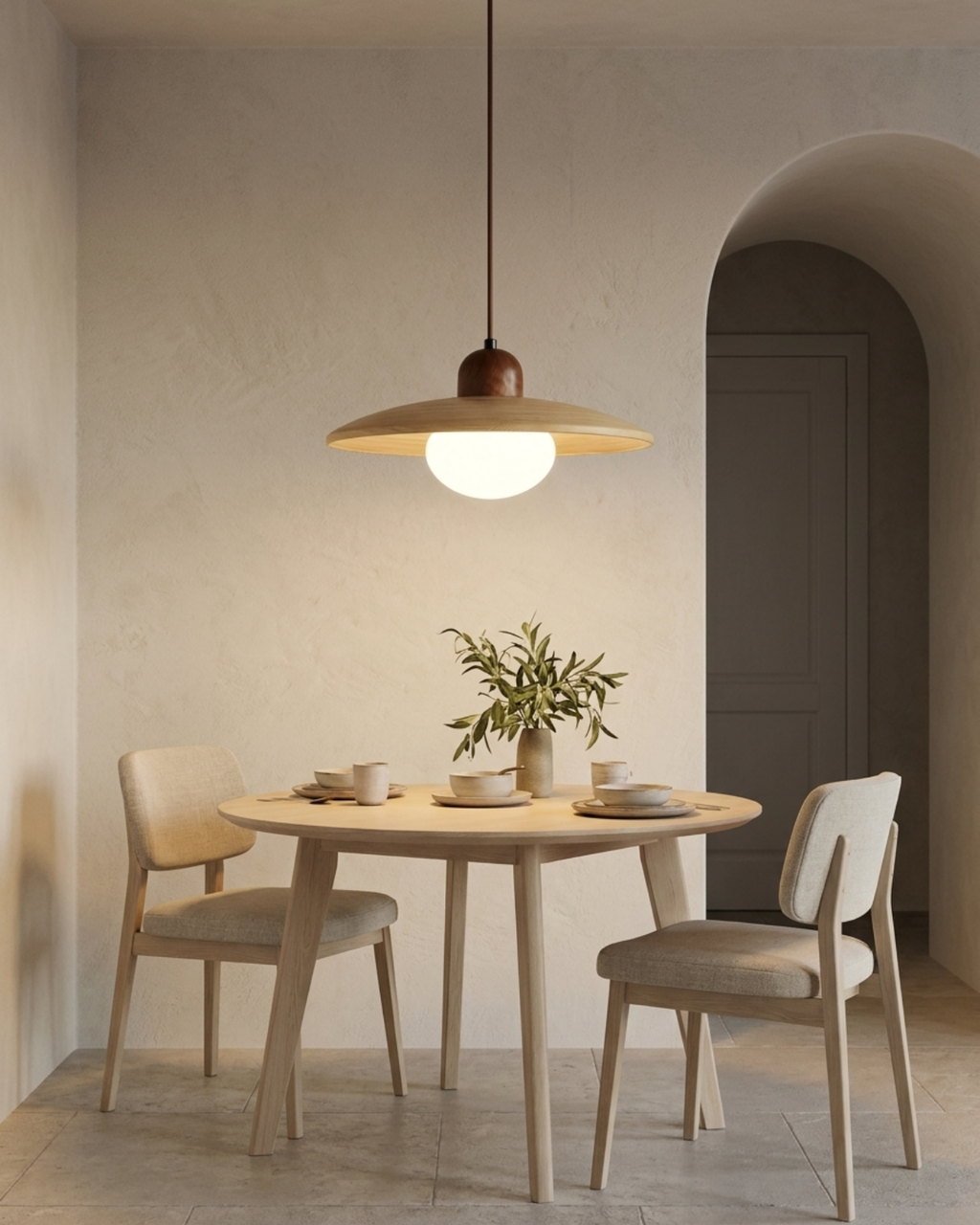 Minimalist wood and opal glass pendant light by BROKLEN – view 5