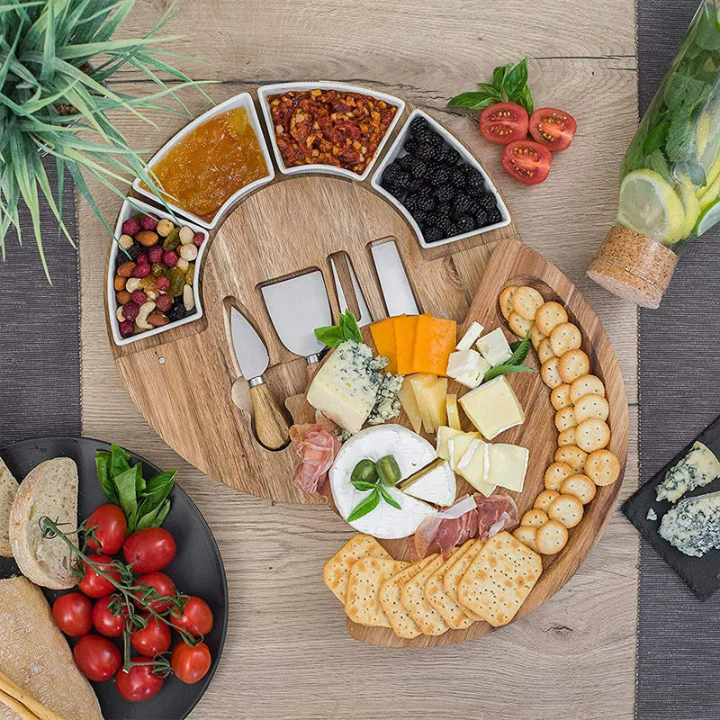 Acacia wood cheese board set with knives and ceramic bowls by BROKLEN