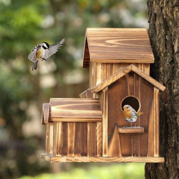 Rustic hanging wooden birdhouse with multiple entrances by BROKLEN – view 4