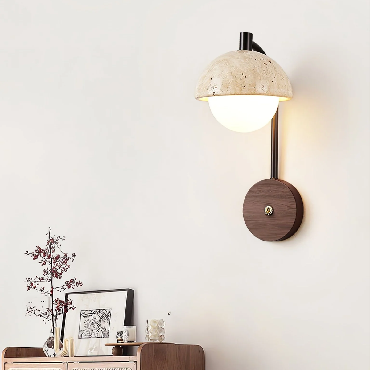 Travertine half-dome wall lamp with glass diffuser by BROKLEN – view 3