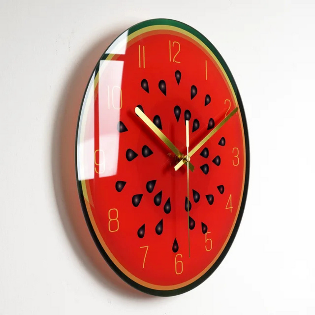 Vibrant glass wall clock with golden hands and number markers by BROKLEN – view 8