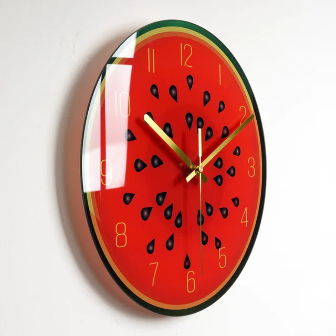 Vibrant glass wall clock with golden hands and number markers by BROKLEN – view 8