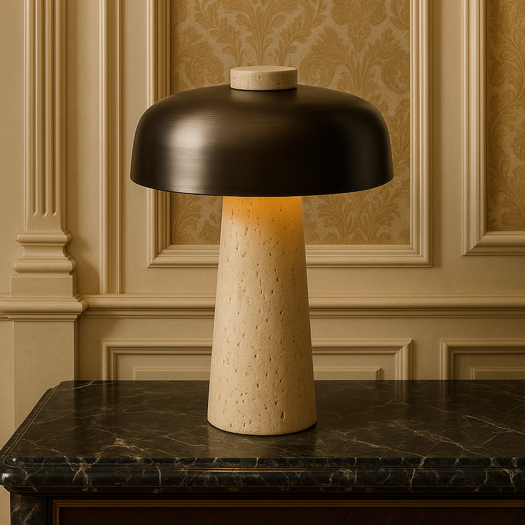 Modern travertine base dome table lamp by BROKLEN – view 2