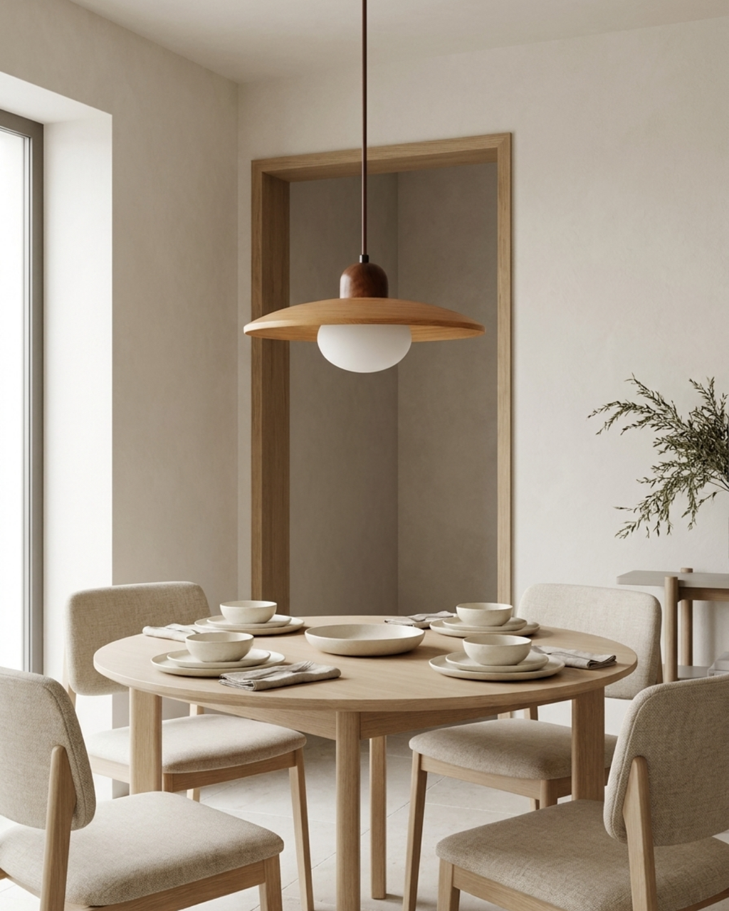 Minimalist wood and opal glass pendant light by BROKLEN