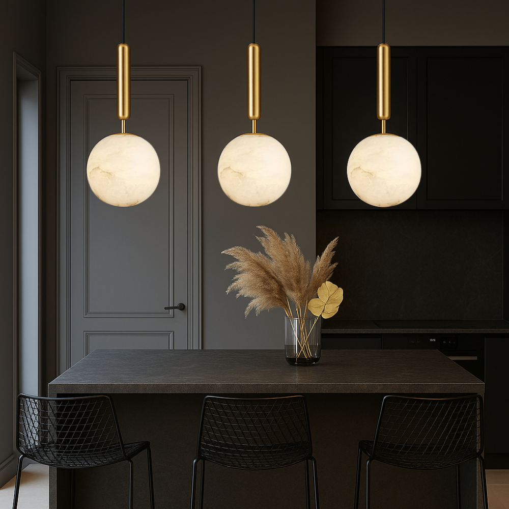 Alabaster globe pendant light with brass fitting by BROKLEN – view 3
