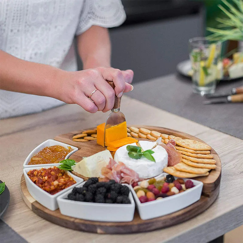Acacia wood cheese board set with knives and ceramic bowls by BROKLEN – view 2