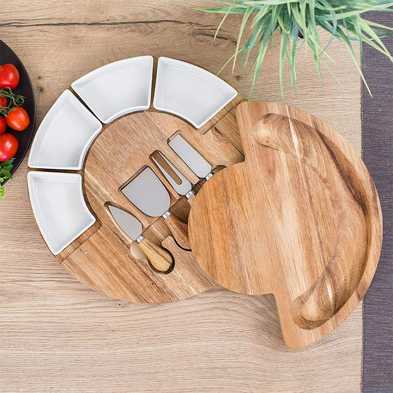 Acacia wood cheese board set with knives and ceramic bowls by BROKLEN – view 3