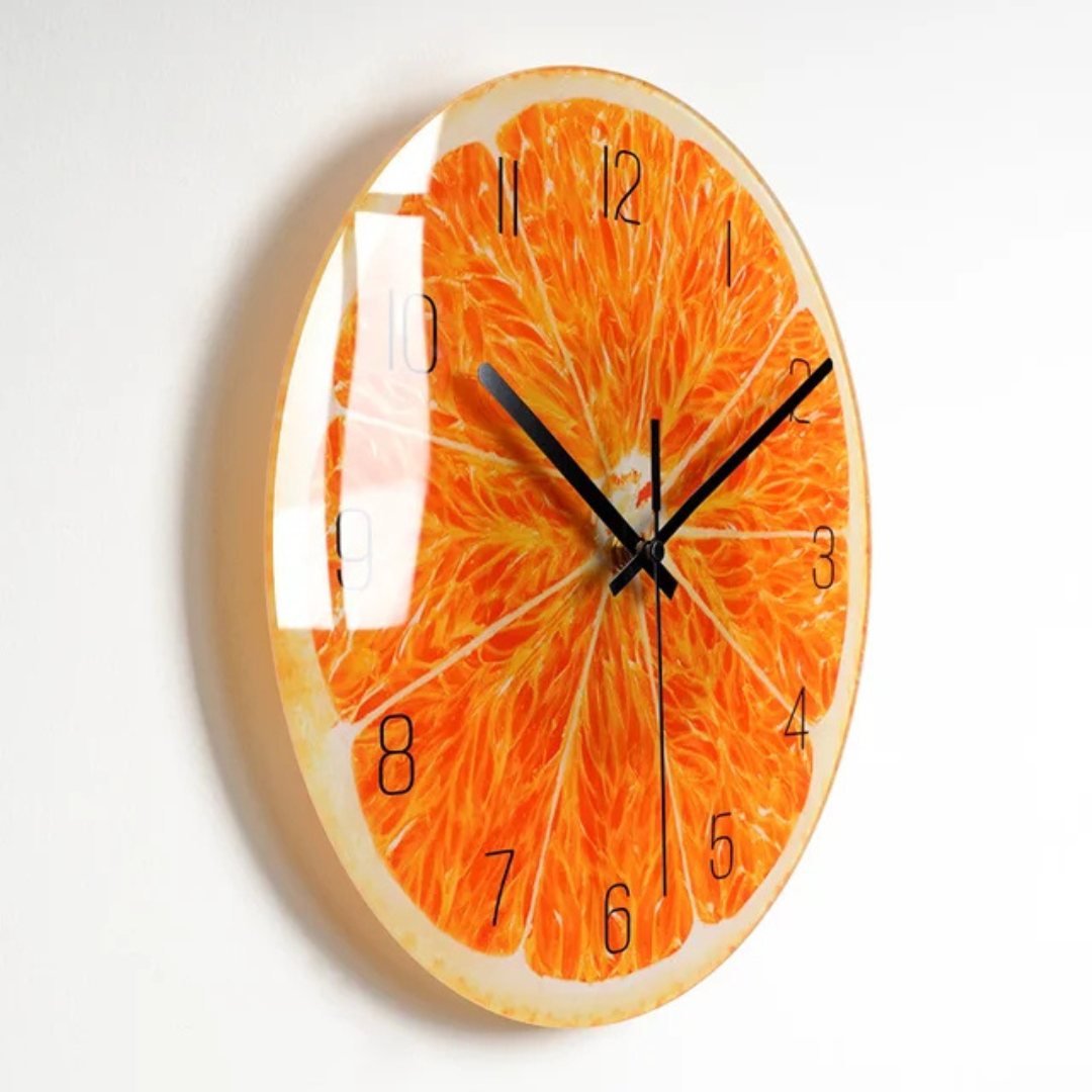 Vibrant glass wall clock with golden hands and number markers by BROKLEN – view 7