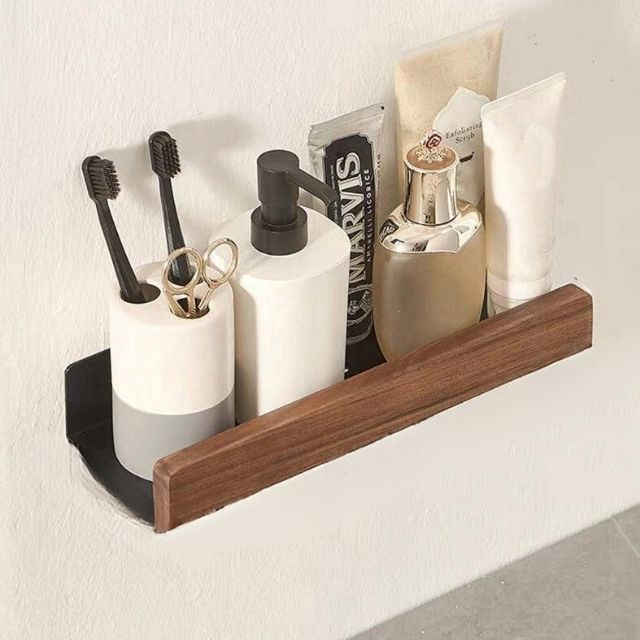 No drill self adhesive wooden bathroom wall shelf by BROKLEN