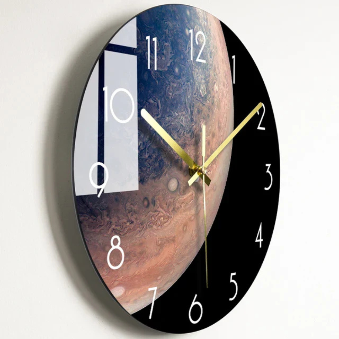 Vibrant glass wall clock with golden hands and number markers by BROKLEN – view 9