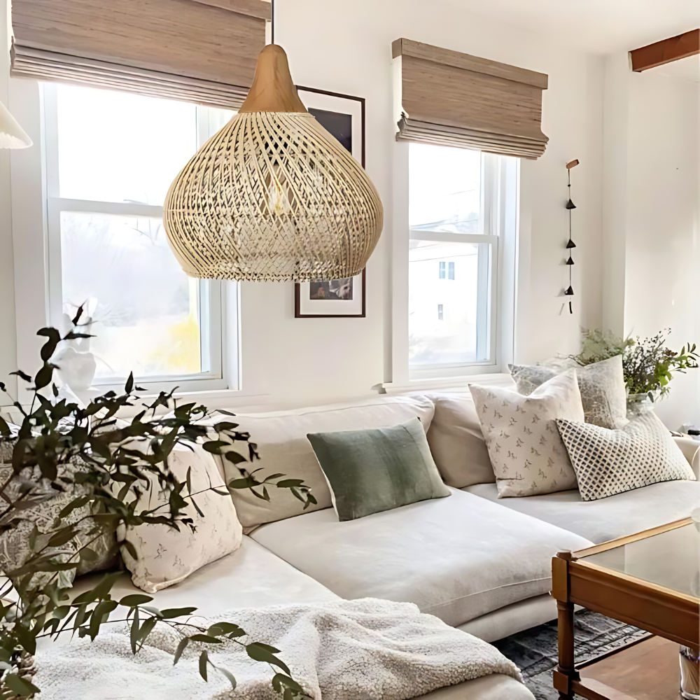 Boho woven rattan pendant light in natural and black – ceiling light by BROKLEN – view 4