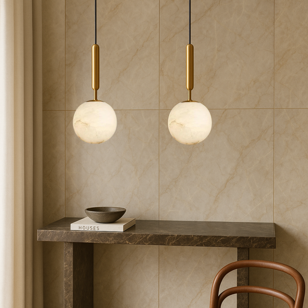 Alabaster globe pendant light with brass fitting by BROKLEN – view 4
