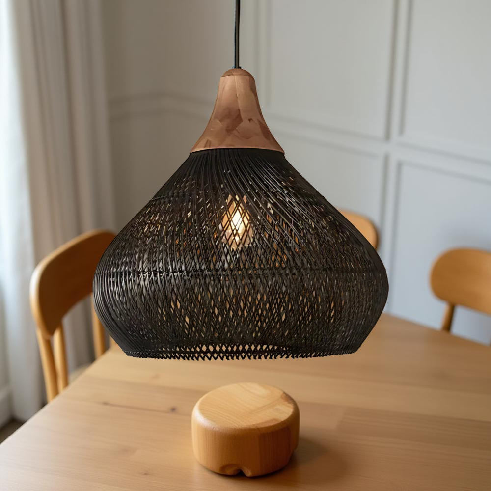 Boho woven rattan pendant light in natural and black – ceiling light by BROKLEN – view 7