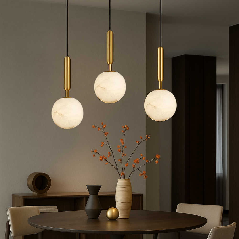 Alabaster globe pendant light with brass fitting by BROKLEN – view 2