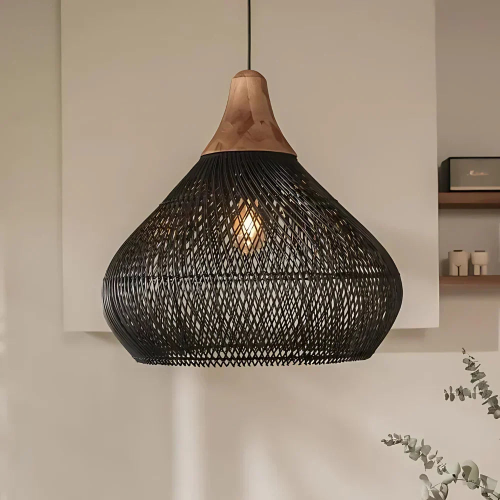 Boho woven rattan pendant light in natural and black – ceiling light by BROKLEN – view 5