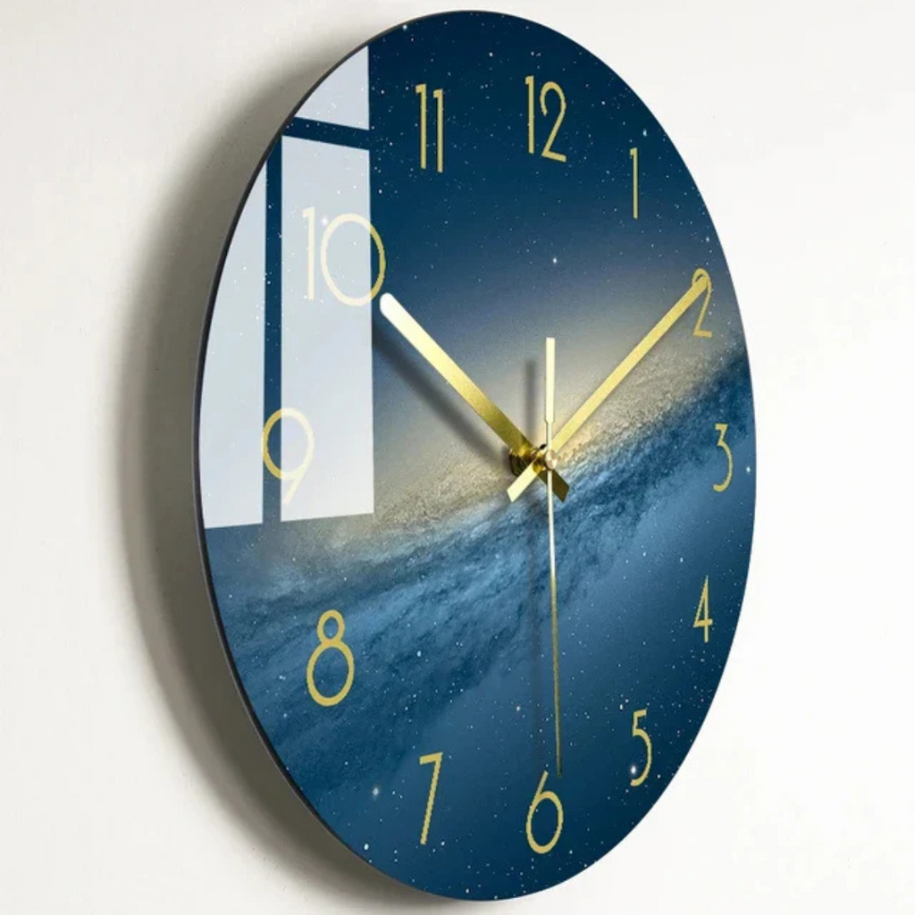 Vibrant glass wall clock with golden hands and number markers by BROKLEN – view 4
