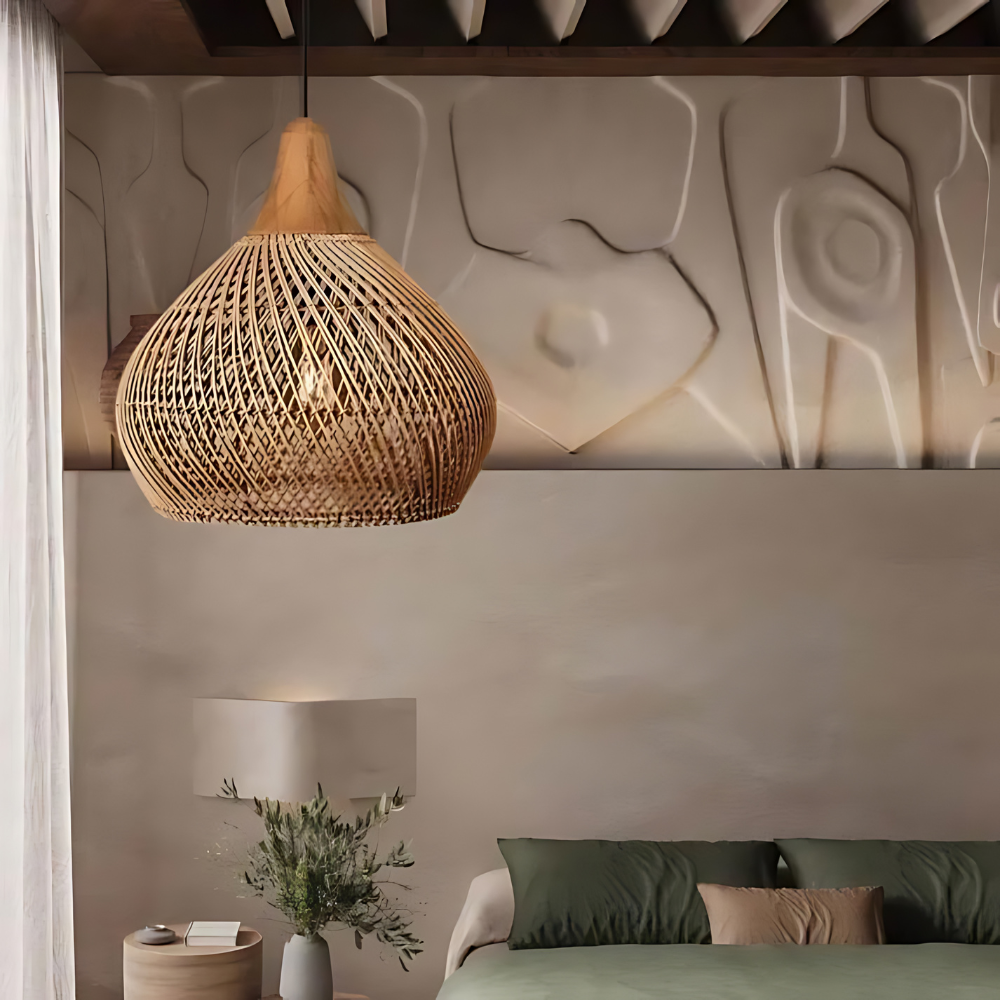Boho woven rattan pendant light in natural and black – ceiling light by BROKLEN – view 6
