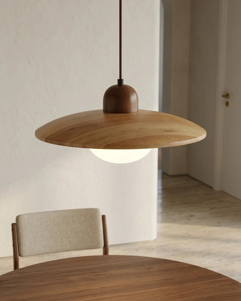 Minimalist wood and opal glass pendant light by BROKLEN – view 7