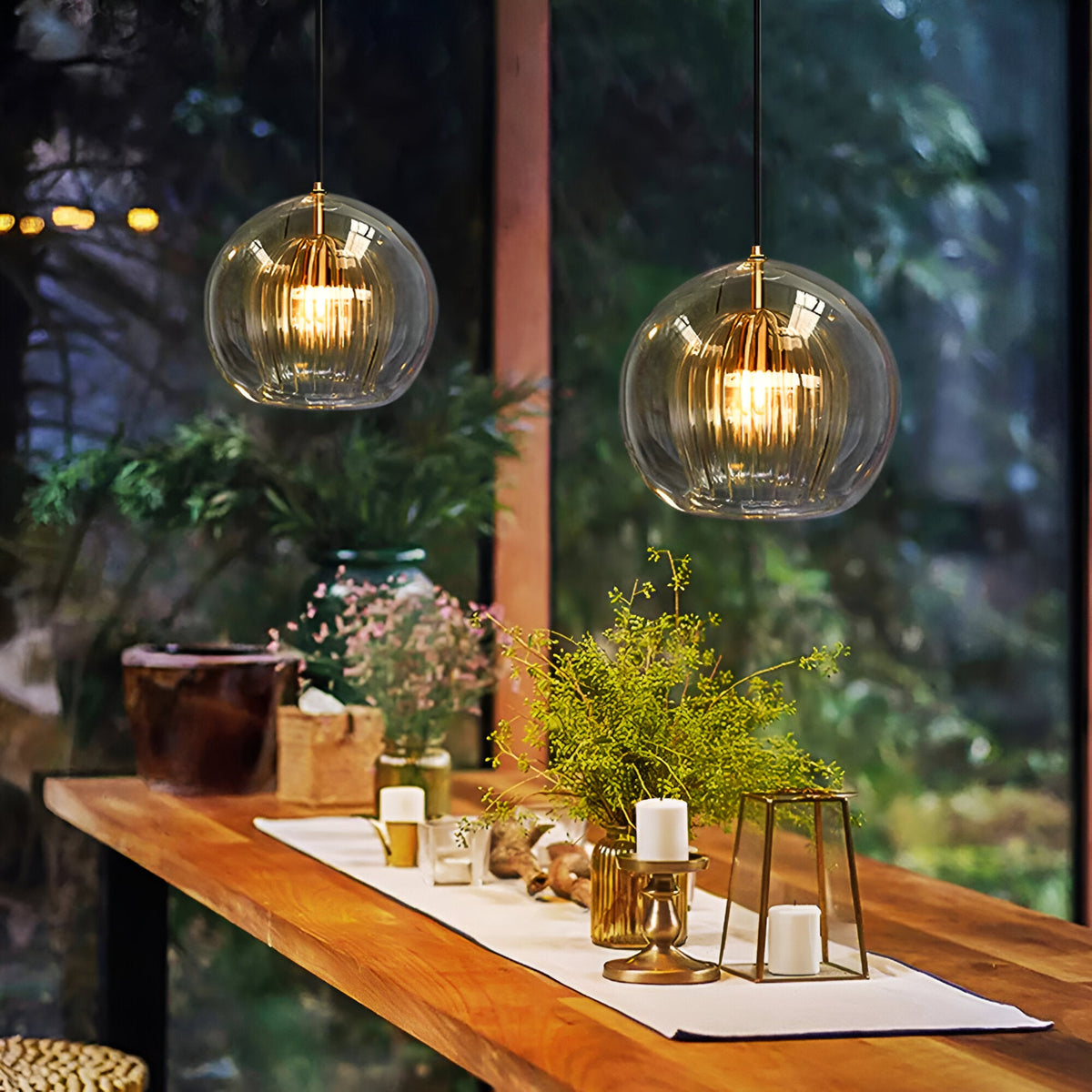 Ribbed glass globe pendant light in smoke grey, clear and cognac by BROKLEN – view 7