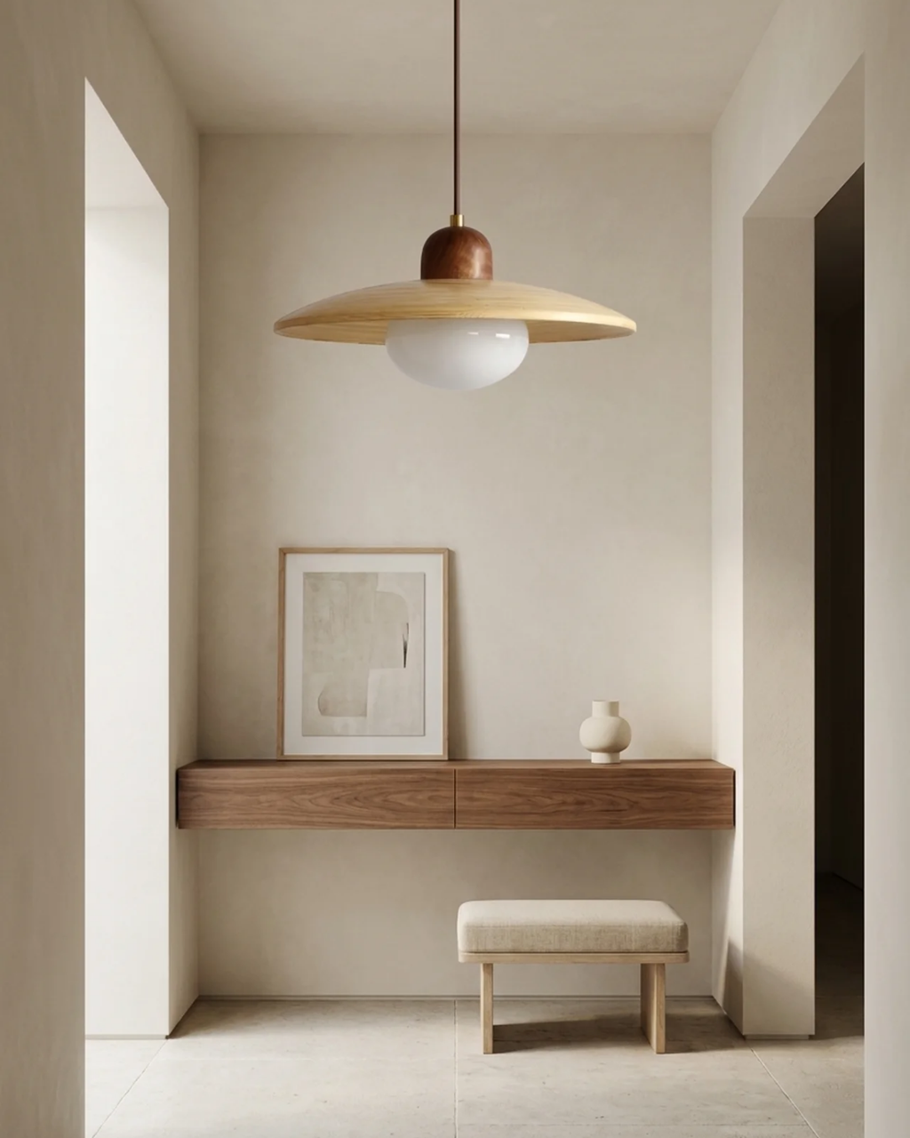 Minimalist wood and opal glass pendant light by BROKLEN – view 4