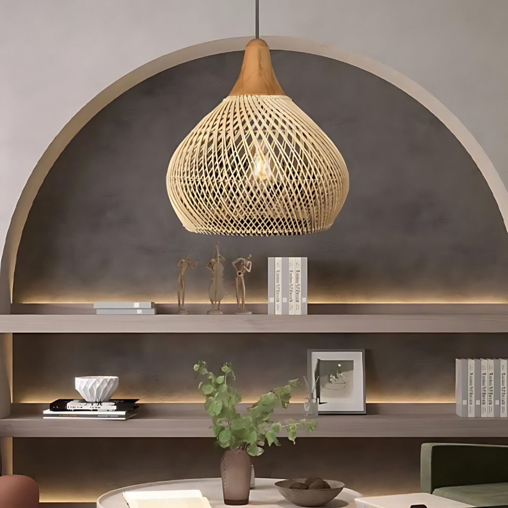 Boho woven rattan pendant light in natural and black – ceiling light by BROKLEN – view 8