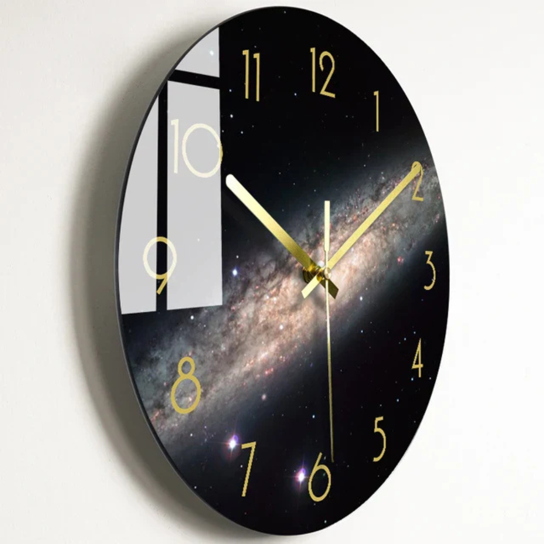 Vibrant glass wall clock with golden hands and number markers by BROKLEN – view 6