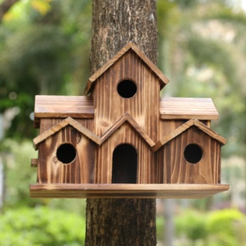 Rustic hanging wooden birdhouse with multiple entrances by BROKLEN – view 2