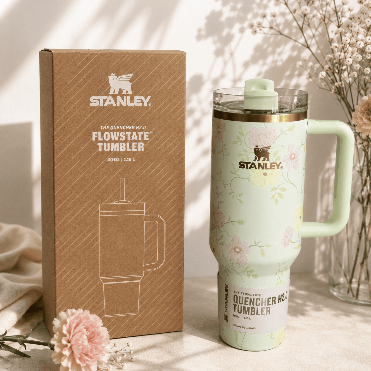 Vintage Floral Mint Green 40oz Tumbler - mint tumbler with pink florals