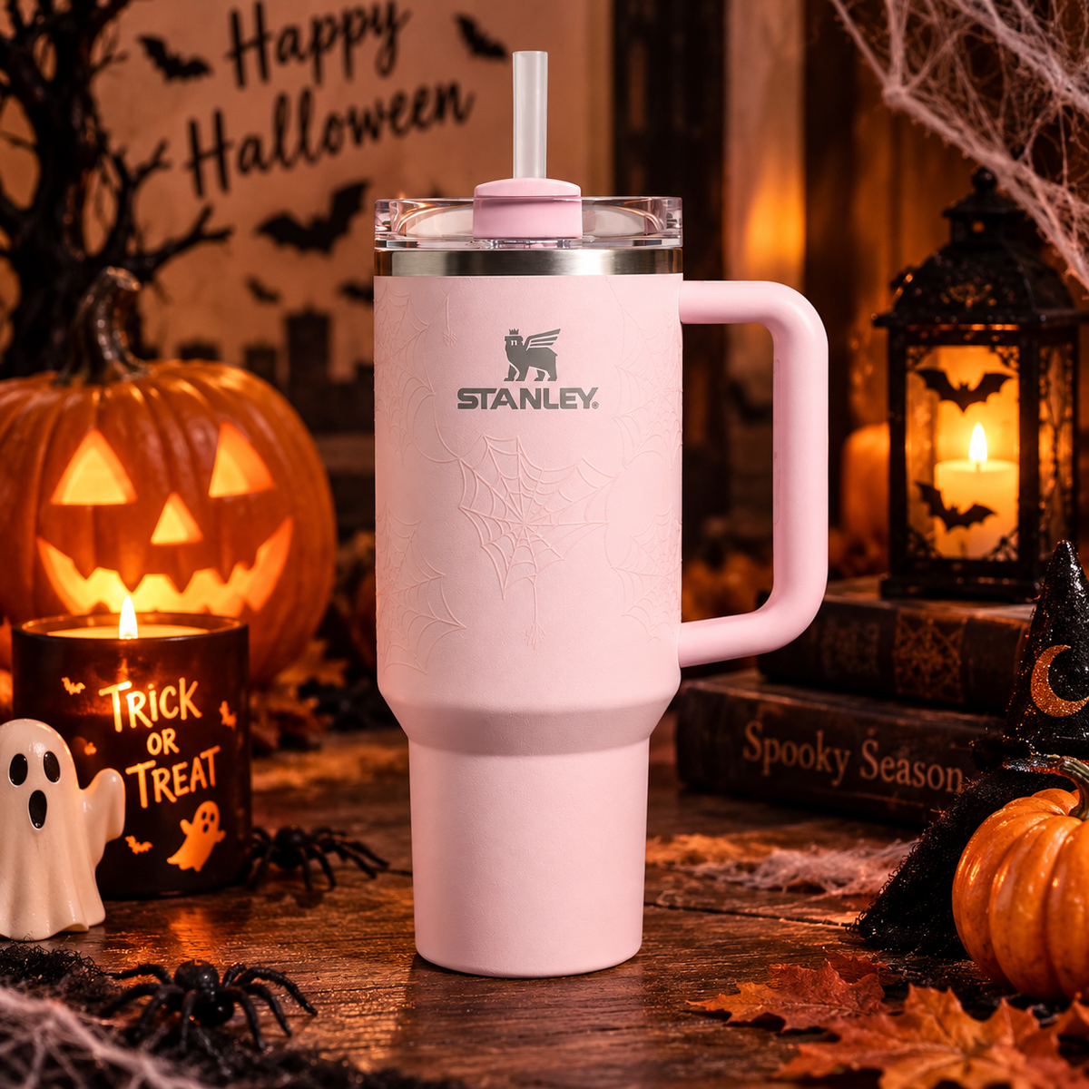 Pink Halloween Spiderweb Tumbler - pink embossed spiderweb tumbler, front view